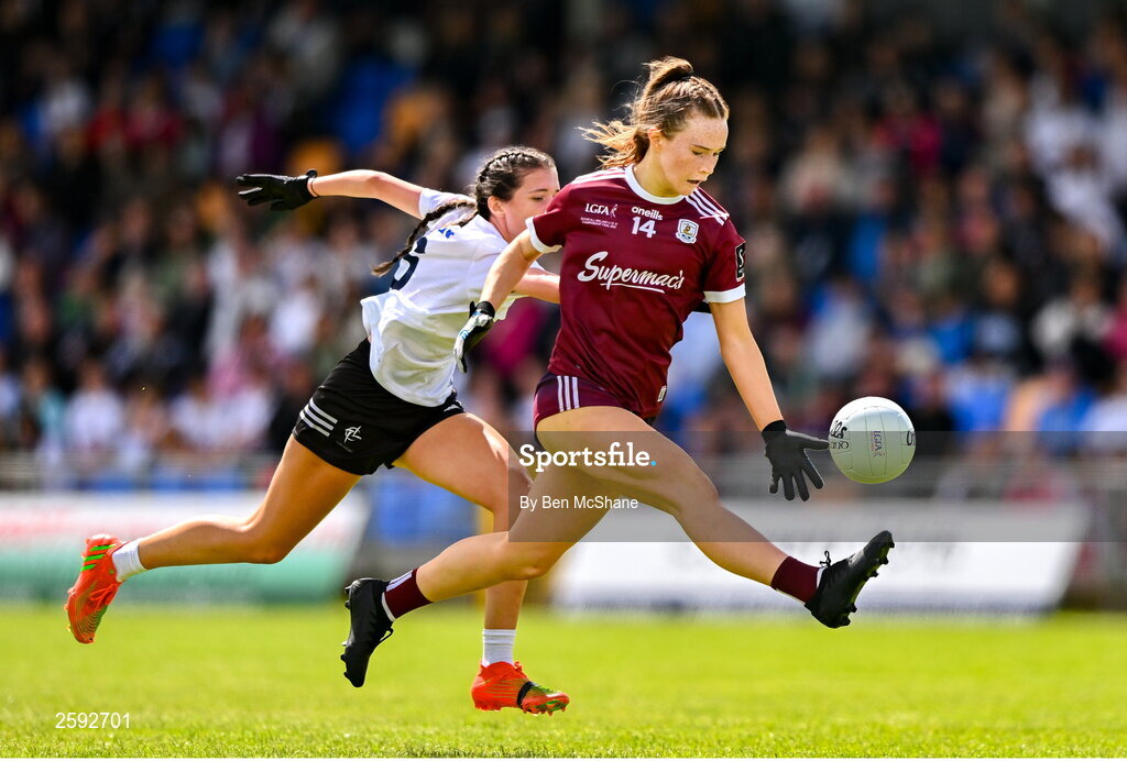 5 August 2023; Niamh Divilly of Galway in action against Julie Brannigan of Kildare during the ZuCar All-Ireland Ladies Football U18 A final match between Galway and Kildare at Glennon Brothers Pearse Park in Longford. Photo by Ben McShane/Sportsfile