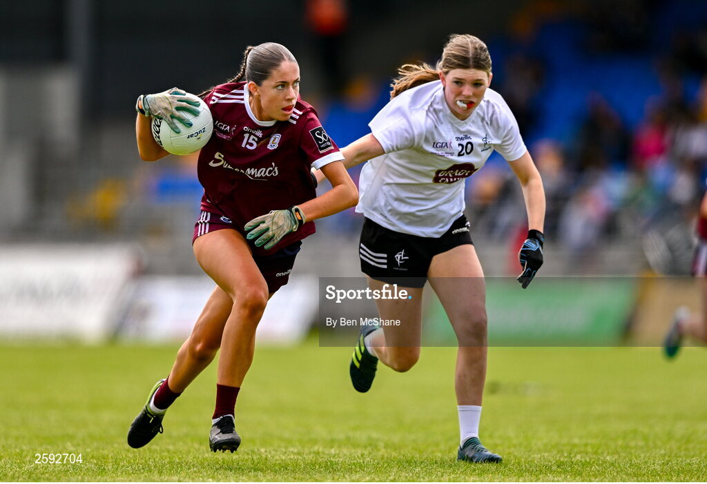 5 August 2023; Kate Thompson of Galway in action against Heidi Lyons of Kildare during the ZuCar All-Ireland Ladies Football U18 A final match between Galway and Kildare at Glennon Brothers Pearse Park in Longford. Photo by Ben McShane/Sportsfile