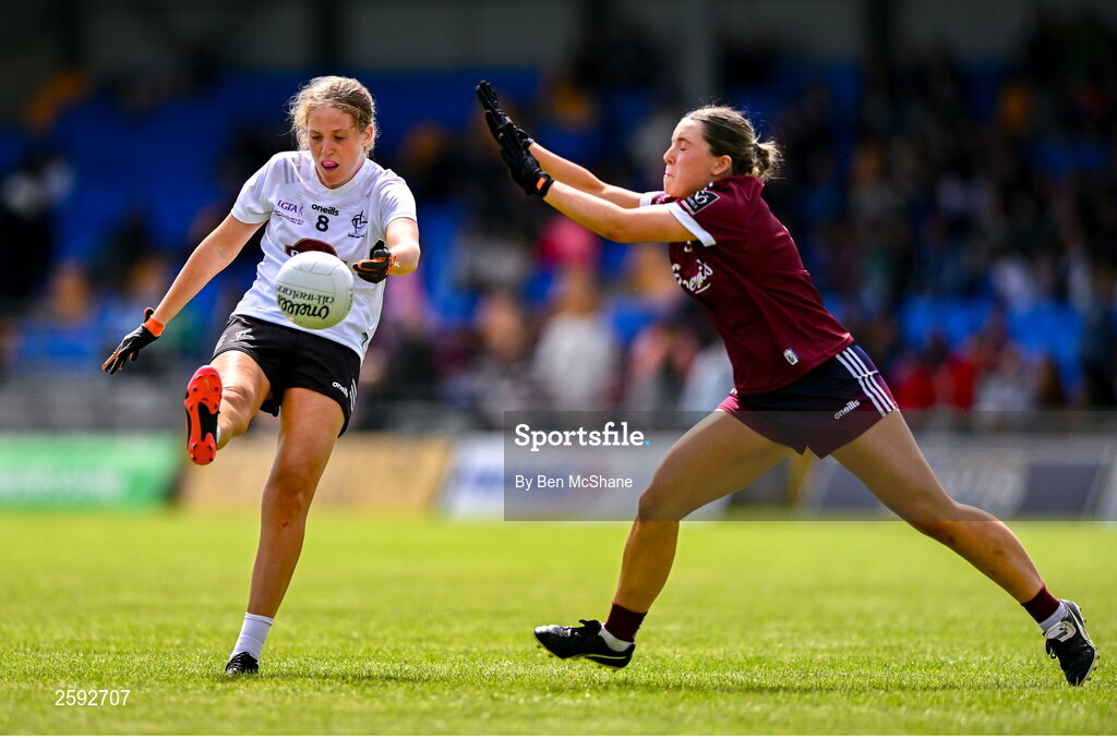 5 August 2023; Sarah McGovern of Kildare in action against Aoibhinn Eilian of Galway during the ZuCar All-Ireland Ladies Football U18 A final match between Galway and Kildare at Glennon Brothers Pearse Park in Longford. Photo by Ben McShane/Sportsfile