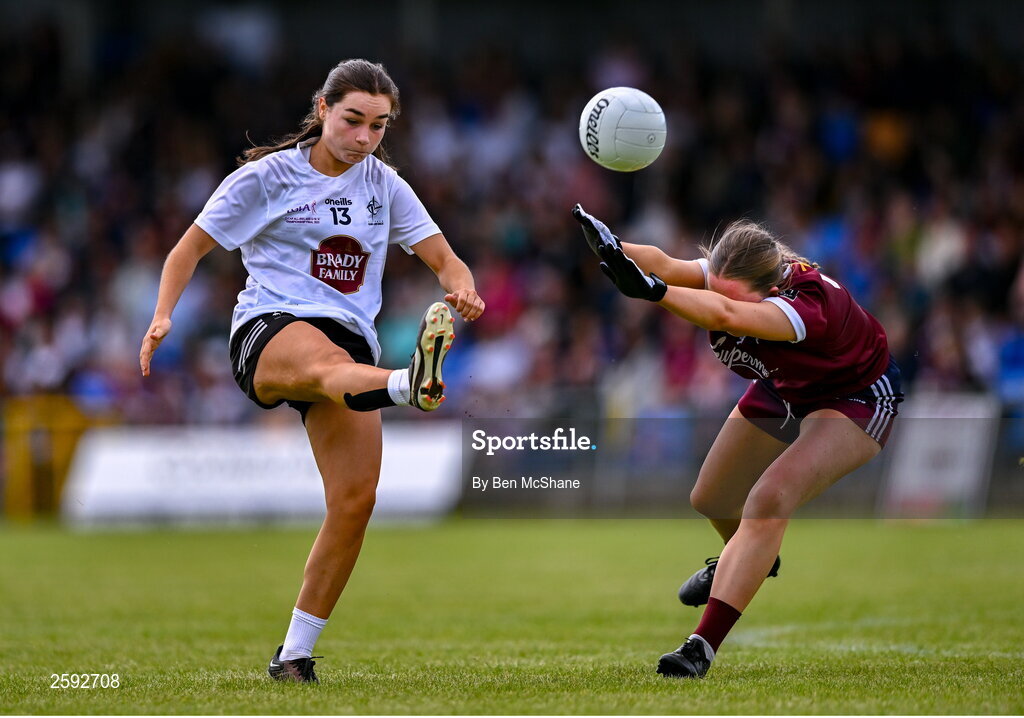 5 August 2023; Niamh Farrelly of Kildare in action against Emily Brogan of Galway during the ZuCar All-Ireland Ladies Football U18 A final match between Galway and Kildare at Glennon Brothers Pearse Park in Longford. Photo by Ben McShane/Sportsfile