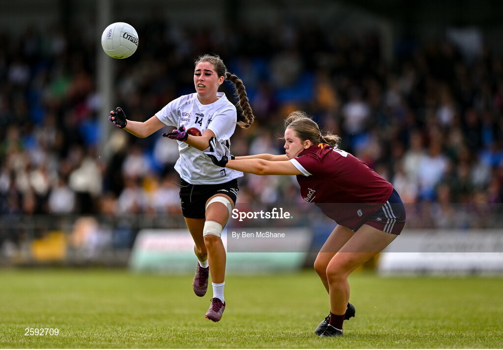 5 August 2023; Abi Whelan of Kildare in action against Emily Brogan of Galway during the ZuCar All-Ireland Ladies Football U18 A final match between Galway and Kildare at Glennon Brothers Pearse Park in Longford. Photo by Ben McShane/Sportsfile