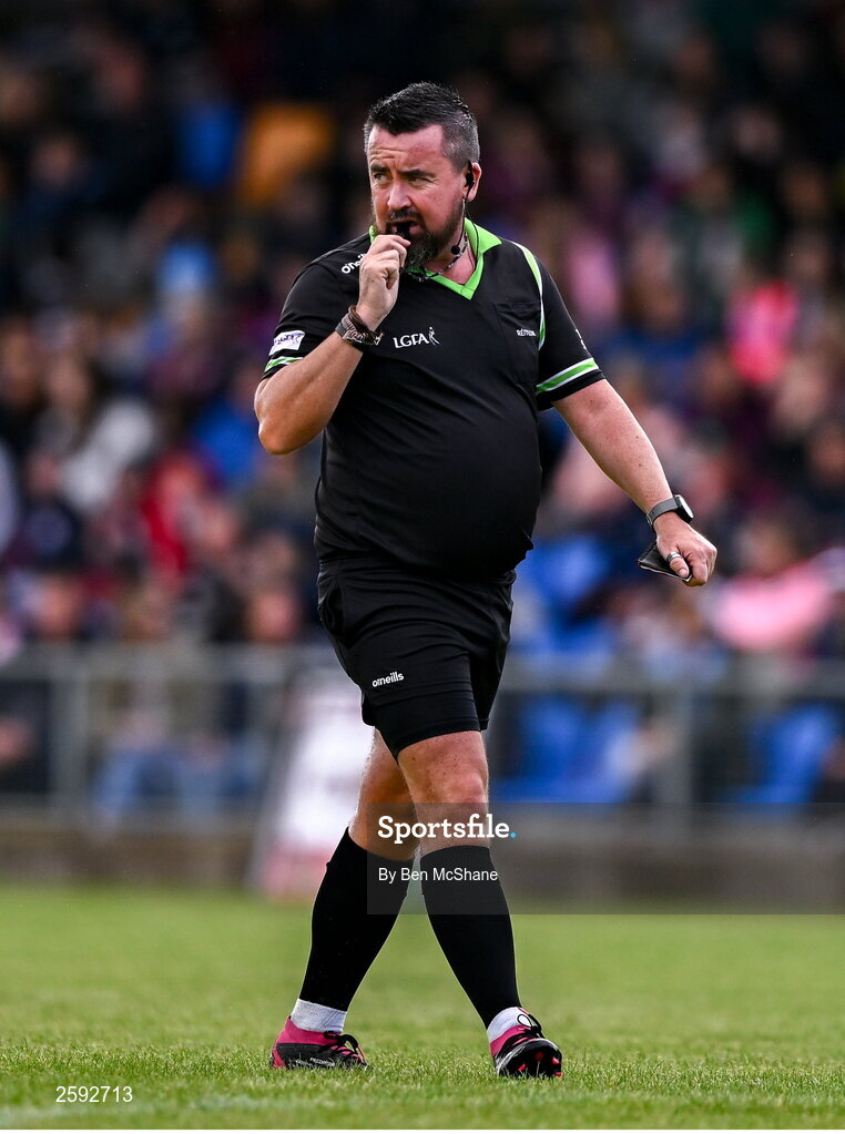 5 August 2023; Referee Seamus Mulvihill during the ZuCar All-Ireland Ladies Football U18 A final match between Galway and Kildare at Glennon Brothers Pearse Park in Longford. Photo by Ben McShane/Sportsfile