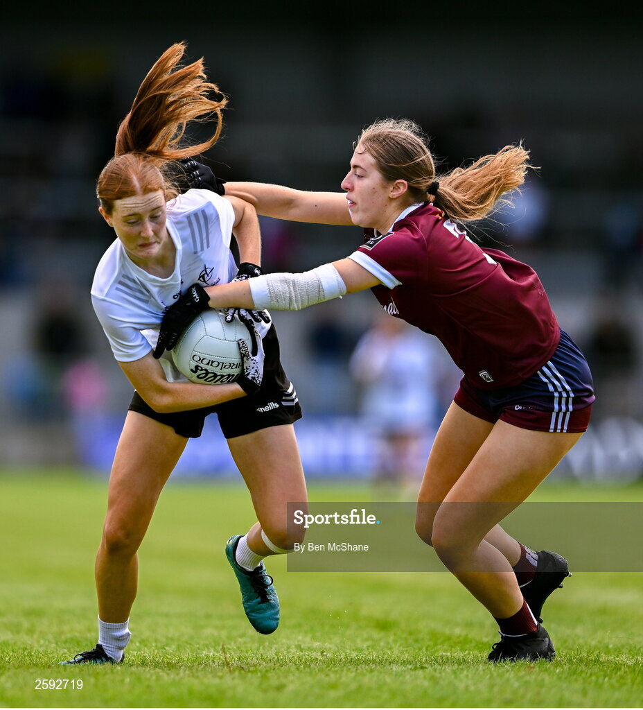 5 August 2023; Alannah Prizeman of Kildare in action against Maryanne Jordan of Galway during the ZuCar All-Ireland Ladies Football U18 A final match between Galway and Kildare at Glennon Brothers Pearse Park in Longford. Photo by Ben McShane/Sportsfile