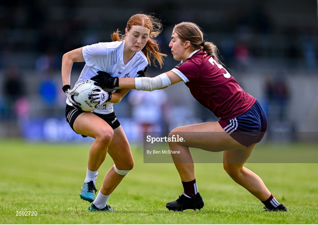 5 August 2023; Alannah Prizeman of Kildare in action against Maryanne Jordan of Galway during the ZuCar All-Ireland Ladies Football U18 A final match between Galway and Kildare at Glennon Brothers Pearse Park in Longford. Photo by Ben McShane/Sportsfile
