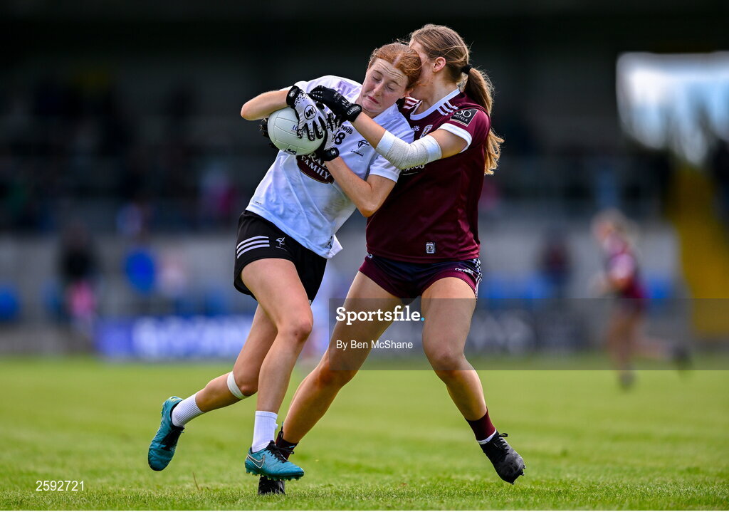 5 August 2023; Alannah Prizeman of Kildare in action against Maryanne Jordan of Galway during the ZuCar All-Ireland Ladies Football U18 A final match between Galway and Kildare at Glennon Brothers Pearse Park in Longford. Photo by Ben McShane/Sportsfile