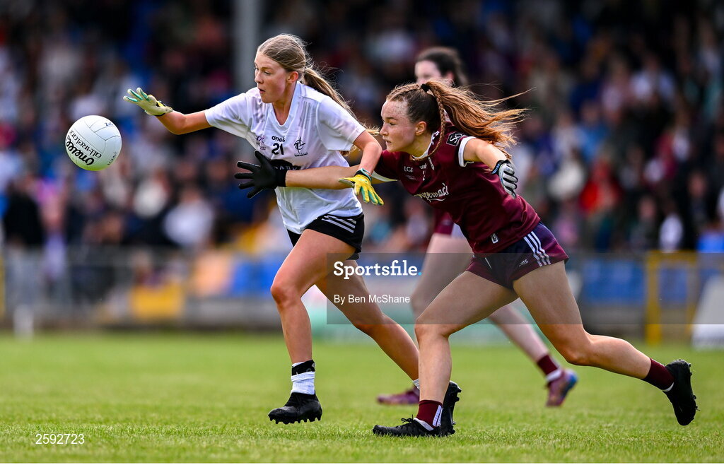 5 August 2023; Abaigh Cahill of Kildare in action against Niamh Divilly of Galway during the ZuCar All-Ireland Ladies Football U18 A final match between Galway and Kildare at Glennon Brothers Pearse Park in Longford. Photo by Ben McShane/Sportsfile