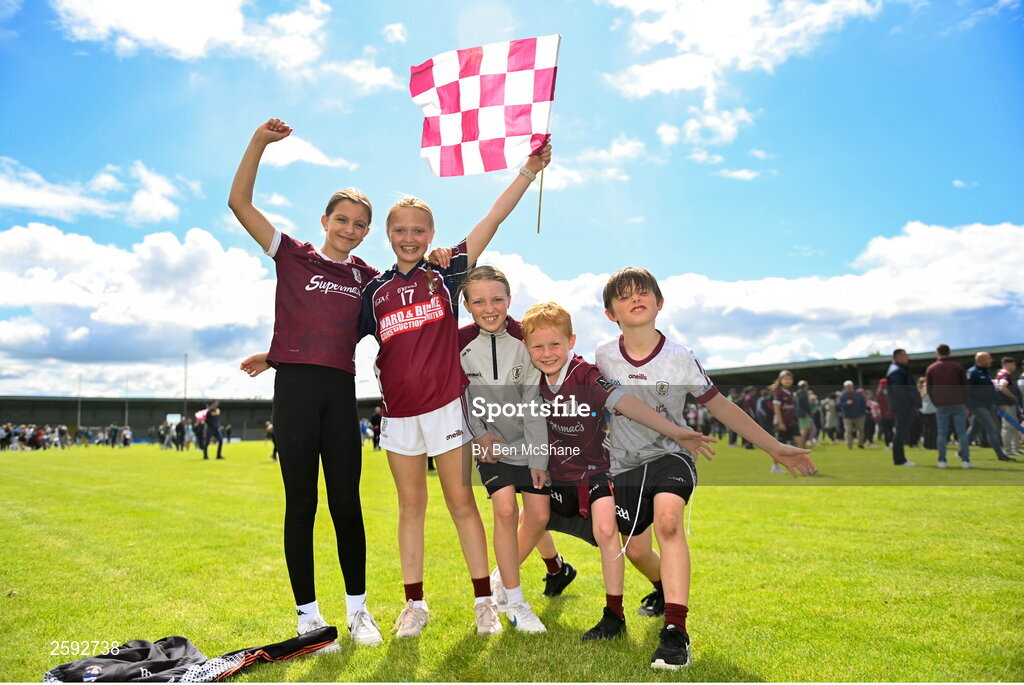 5 August 2023; Galway supporters celebrate after the ZuCar All-Ireland Ladies Football U18 A final match between Galway and Kildare at Glennon Brothers Pearse Park in Longford. Photo by Ben McShane/Sportsfile