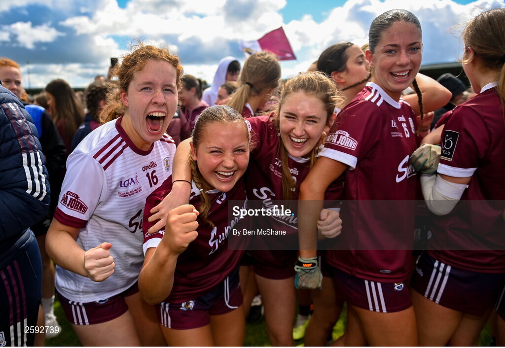 5 August 2023; Galway players, from left, Alenah Keohane, Neasa Daly, Rachel Kelly and Kate Thompson celebrate after the ZuCar All-Ireland Ladies Football U18 A final match between Galway and Kildare at Glennon Brothers Pearse Park in Longford. Photo by Ben McShane/Sportsfile