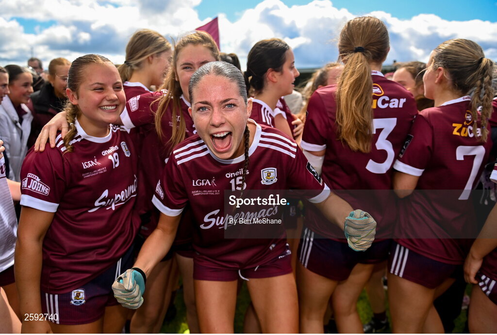 5 August 2023; Kate Thompson of Galway celebrates after the ZuCar All-Ireland Ladies Football U18 A final match between Galway and Kildare at Glennon Brothers Pearse Park in Longford. Photo by Ben McShane/Sportsfile