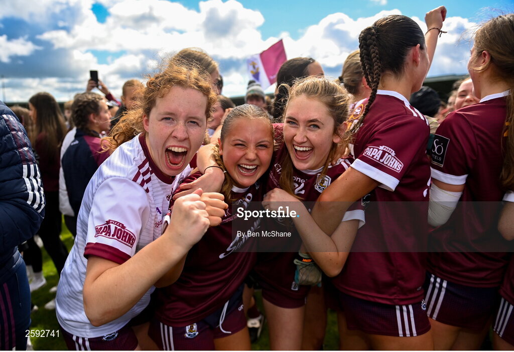 5 August 2023; Galway players, from left, Alenah Keohane, Neasa Daly and Rachel Kelly celebrate after the ZuCar All-Ireland Ladies Football U18 A final match between Galway and Kildare at Glennon Brothers Pearse Park in Longford. Photo by Ben McShane/Sportsfile