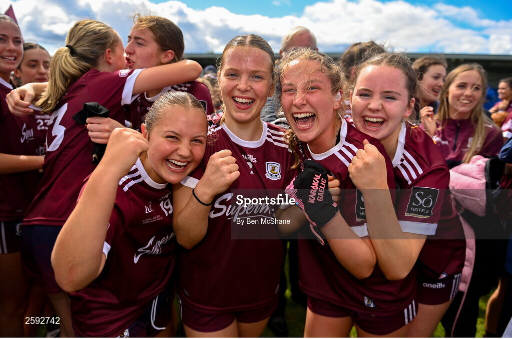 5 August 2023; Galway players, from left, Neasa Daly, Roisín Reddington, Lauren O'Donnell and Emily Brogan celebrate after the ZuCar All-Ireland Ladies Football U18 A final match between Galway and Kildare at Glennon Brothers Pearse Park in Longford. Photo by Ben McShane/Sportsfile