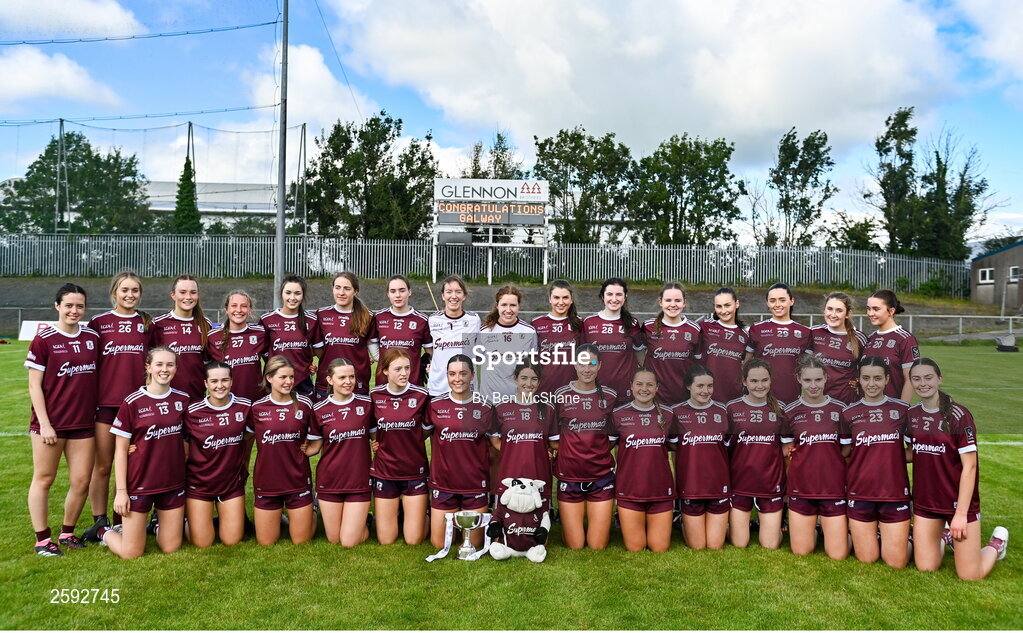 5 August 2023; Galway players with the cup after the ZuCar All-Ireland Ladies Football U18 A final match between Galway and Kildare at Glennon Brothers Pearse Park in Longford. Photo by Ben McShane/Sportsfile