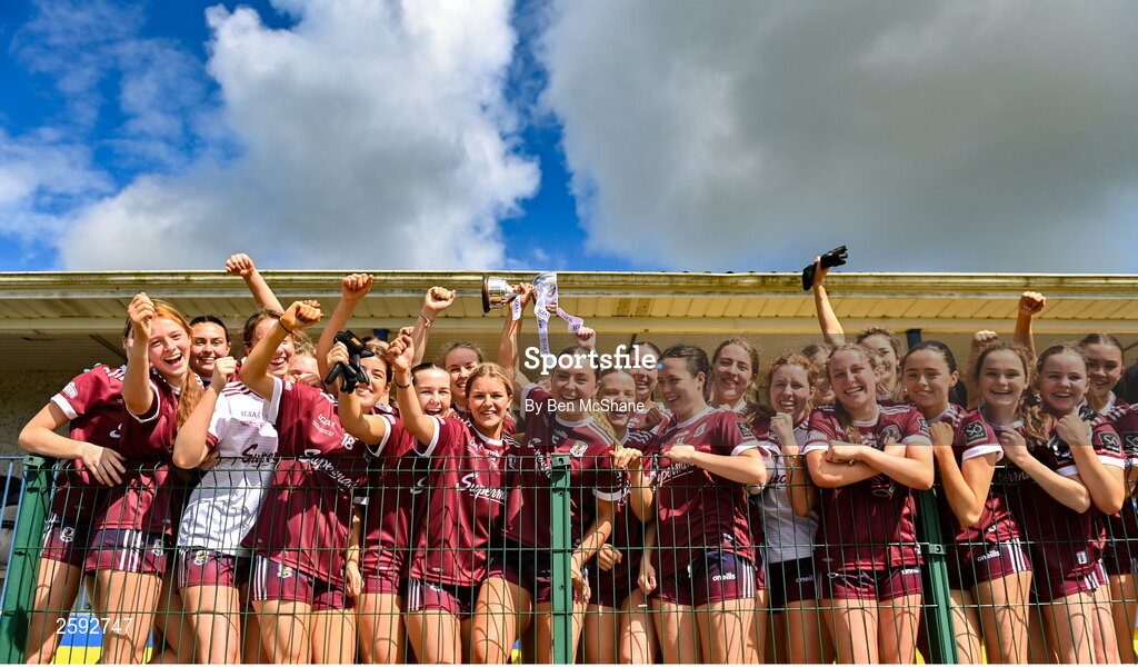 5 August 2023; Galway players celebrate with the cup after the ZuCar All-Ireland Ladies Football U18 A final match between Galway and Kildare at Glennon Brothers Pearse Park in Longford. Photo by Ben McShane/Sportsfile