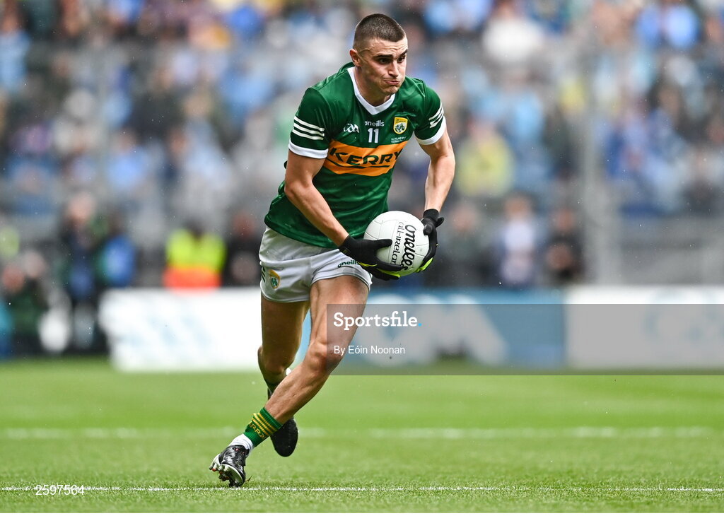 30 July 2023; Sean O'Shea of Kerry during the GAA Football All-Ireland Senior Championship final match between Dublin and Kerry at Croke Park in Dublin. Photo by Eóin Noonan/Sportsfile