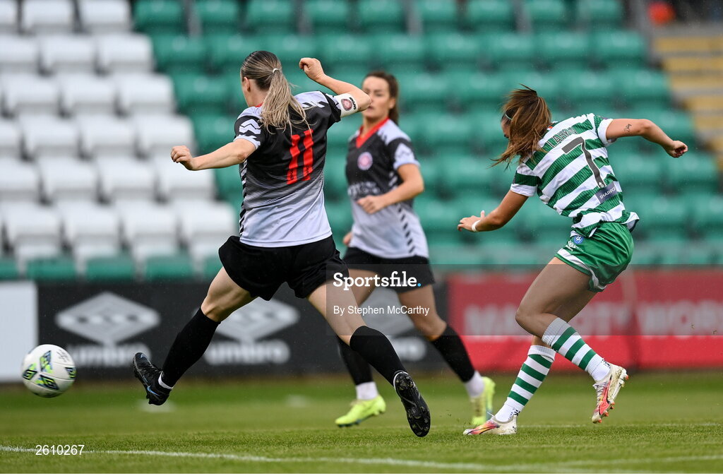 26 August 2023; Abbie Larkin of Shamrock Rovers shoots to score her side's first goal during the Sports Direct Women’s FAI Cup first round match between Shamrock Rovers and Killester Donnycarney at Tallaght Stadium in Dublin. Photo by Stephen McCarthy/Sportsfile