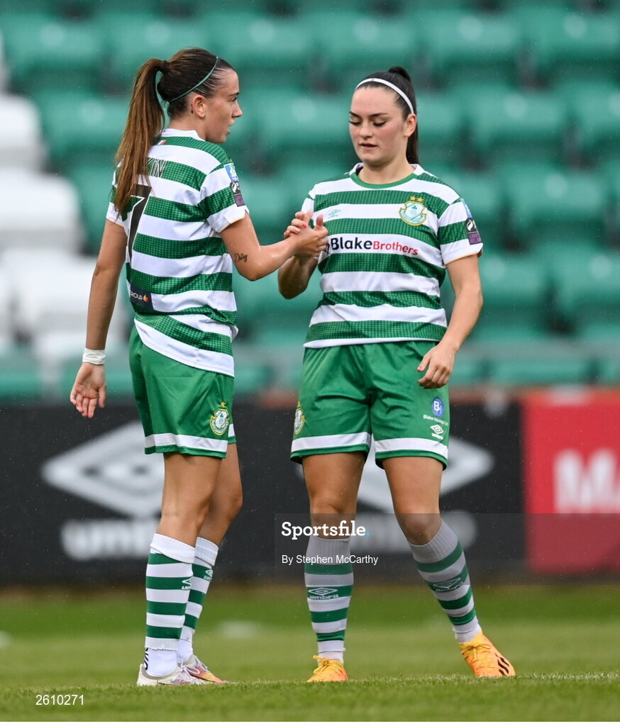 26 August 2023; Abbie Larkin of Shamrock Rovers is congratulated by Alannah McEvoy, right, after scoring their side's first goal during the Sports Direct Women’s FAI Cup first round match between Shamrock Rovers and Killester Donnycarney at Tallaght Stadium in Dublin. Photo by Stephen McCarthy/Sportsfile