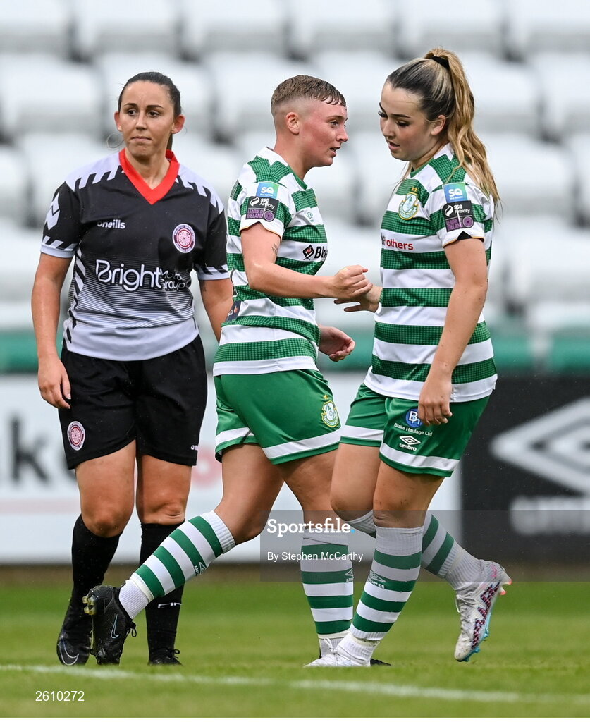 26 August 2023; Jaime Thompson of Shamrock Rovers is congratulated by Lia O'Leary, right, after scoring their side's second goal during the Sports Direct Women’s FAI Cup first round match between Shamrock Rovers and Killester Donnycarney at Tallaght Stadium in Dublin. Photo by Stephen McCarthy/Sportsfile