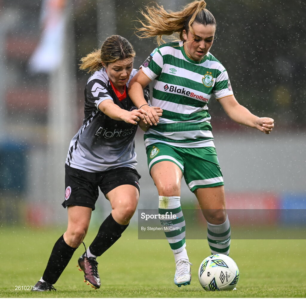 26 August 2023; Lia O'Leary of Shamrock Rovers in action against Sarah Murray of Killester Donnycarney FC during the Sports Direct Women’s FAI Cup first round match between Shamrock Rovers and Killester Donnycarney at Tallaght Stadium in Dublin. Photo by Stephen McCarthy/Sportsfile