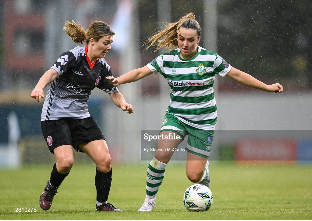 26 August 2023; Lia O'Leary of Shamrock Rovers in action against Sarah Murray of Killester Donnycarney FC during the Sports Direct Women’s FAI Cup first round match between Shamrock Rovers and Killester Donnycarney at Tallaght Stadium in Dublin. Photo by Stephen McCarthy/Sportsfile