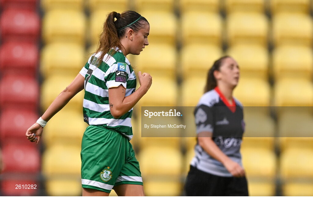 26 August 2023; Abbie Larkin of Shamrock Rovers celebrates after scoring her side's third goal during the Sports Direct Women’s FAI Cup first round match between Shamrock Rovers and Killester Donnycarney at Tallaght Stadium in Dublin. Photo by Stephen McCarthy/Sportsfile
