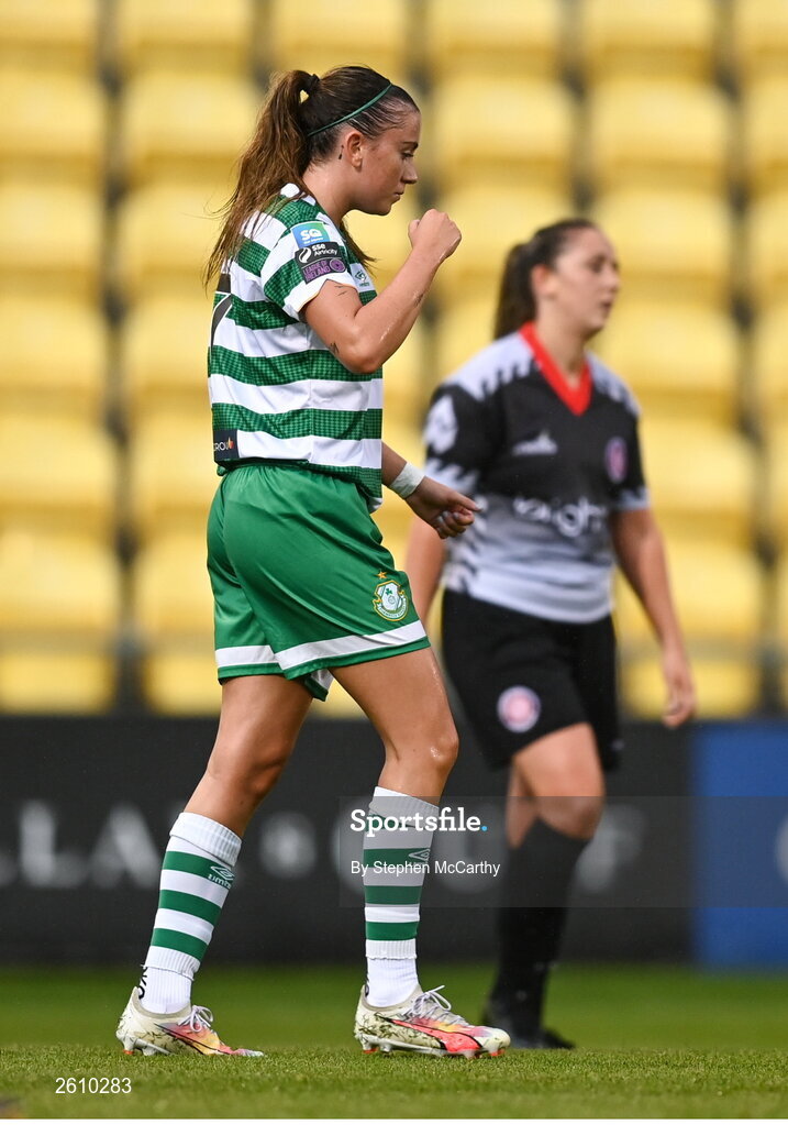 26 August 2023; Abbie Larkin of Shamrock Rovers celebrates after scoring her side's third goal during the Sports Direct Women’s FAI Cup first round match between Shamrock Rovers and Killester Donnycarney at Tallaght Stadium in Dublin. Photo by Stephen McCarthy/Sportsfile