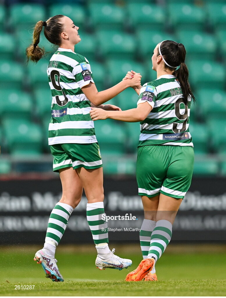 26 August 2023; Joy Ralph of Shamrock Rovers celebrates with Alannah McEvoy, right, after scoring her side's fourth goal during the Sports Direct Women’s FAI Cup first round match between Shamrock Rovers and Killester Donnycarney at Tallaght Stadium in Dublin. Photo by Stephen McCarthy/Sportsfile