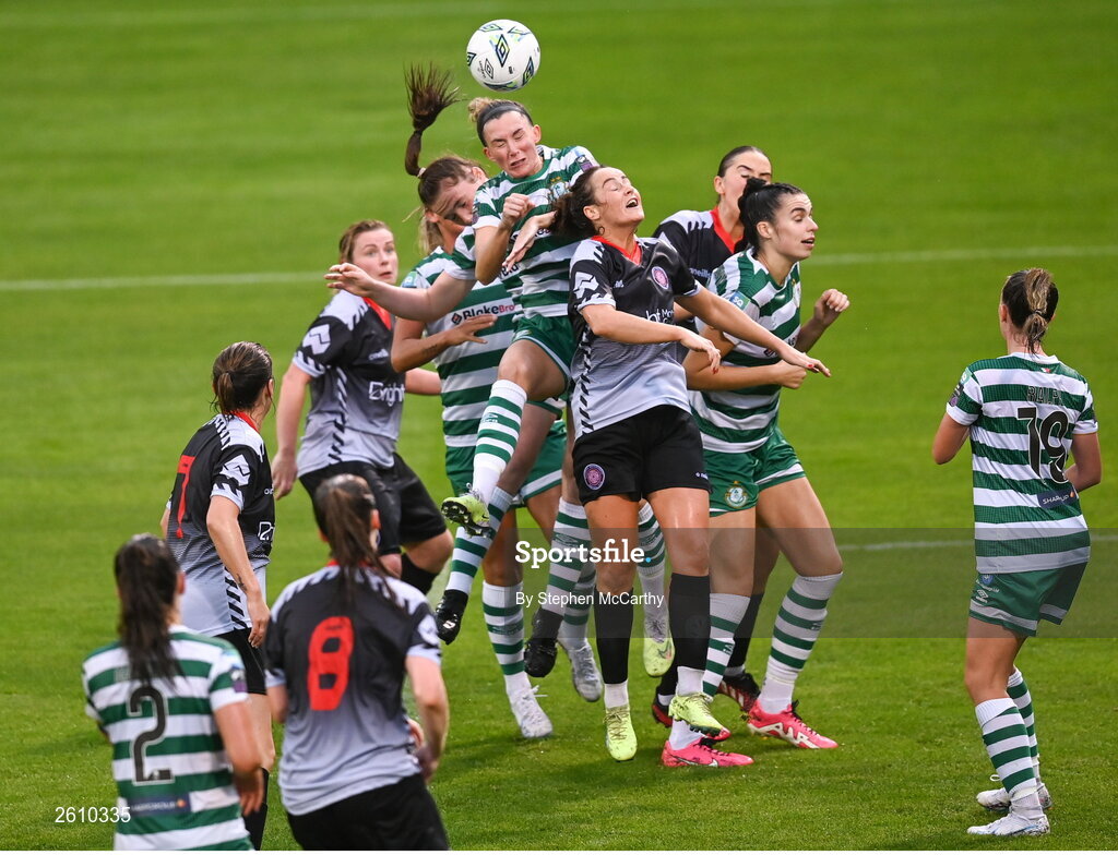 26 August 2023; Shauna Fox of Shamrock Rovers rises highest to meet a ball delivered from a corner during the Sports Direct Women’s FAI Cup first round match between Shamrock Rovers and Killester Donnycarney at Tallaght Stadium in Dublin. Photo by Stephen McCarthy/Sportsfile