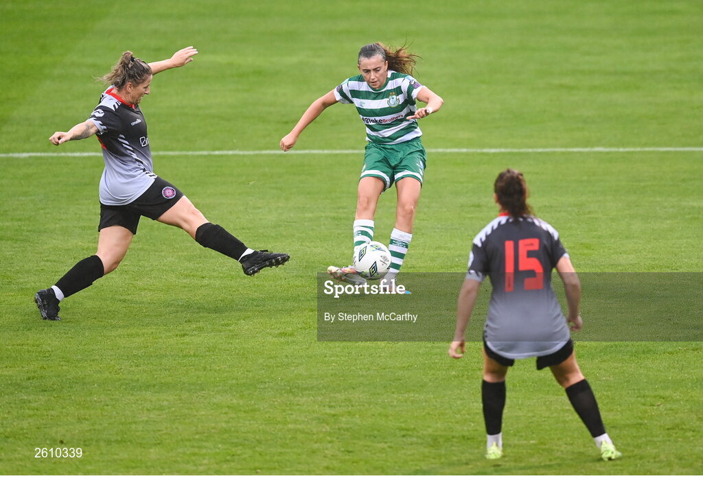 26 August 2023; Abbie Larkin of Shamrock Rovers scores her third and her side's fifth goal during the Sports Direct Women’s FAI Cup first round match between Shamrock Rovers and Killester Donnycarney at Tallaght Stadium in Dublin. Photo by Stephen McCarthy/Sportsfile