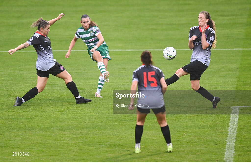 26 August 2023; Abbie Larkin of Shamrock Rovers scores her third and her side's fifth goal during the Sports Direct Women’s FAI Cup first round match between Shamrock Rovers and Killester Donnycarney at Tallaght Stadium in Dublin. Photo by Stephen McCarthy/Sportsfile