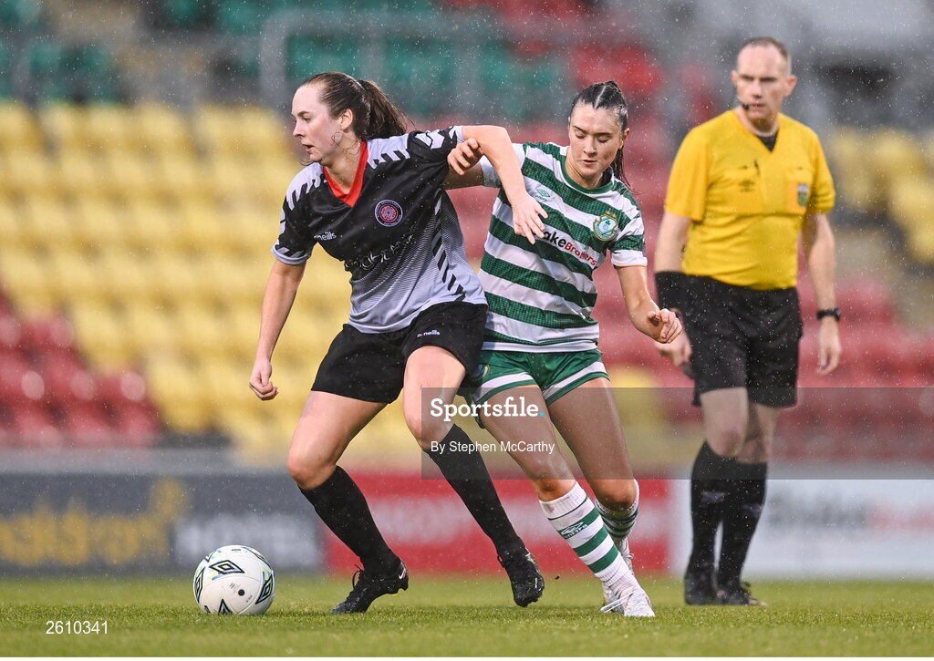 26 August 2023; Naomi Flynn of Killester Donnycarney FC in action against Melissa O'Kane of Shamrock Rovers during the Sports Direct Women’s FAI Cup first round match between Shamrock Rovers and Killester Donnycarney at Tallaght Stadium in Dublin. Photo by Stephen McCarthy/Sportsfile
