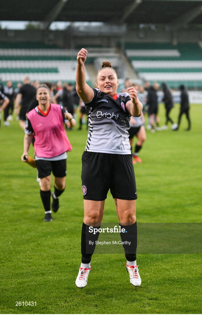 26 August 2023; Chloe Clark of Killester Donnycarney FC interacts with her side's supporters after the Sports Direct Women’s FAI Cup first round match between Shamrock Rovers and Killester Donnycarney at Tallaght Stadium in Dublin. Photo by Stephen McCarthy/Sportsfile