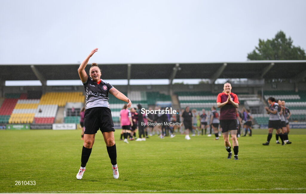 26 August 2023; Chloe Clark of Killester Donnycarney FC interacts with her side's supporters after the Sports Direct Women’s FAI Cup first round match between Shamrock Rovers and Killester Donnycarney at Tallaght Stadium in Dublin. Photo by Stephen McCarthy/Sportsfile