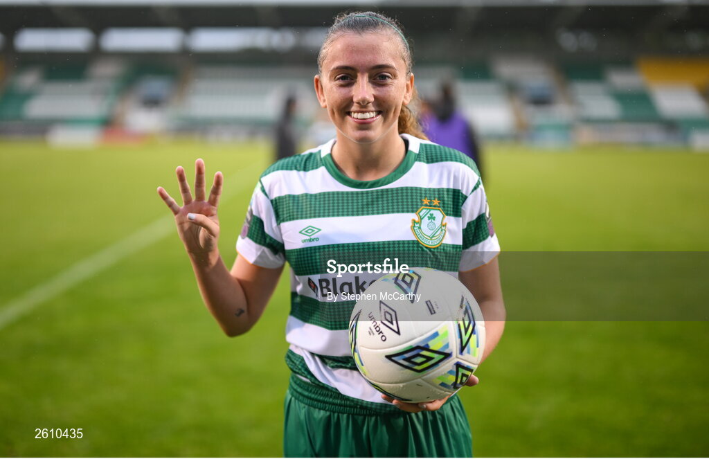 26 August 2023; Abbie Larkin of Shamrock Rovers poses with the match ball after scoring four goals during the Sports Direct Women’s FAI Cup first round match between Shamrock Rovers and Killester Donnycarney at Tallaght Stadium in Dublin. Photo by Stephen McCarthy/Sportsfile