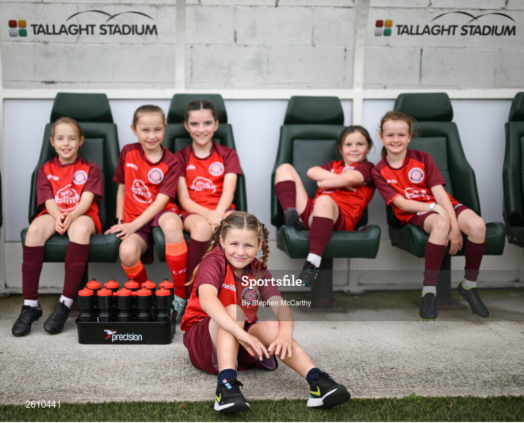 26 August 2023; Killester Donnycarney mascots before the Sports Direct Women’s FAI Cup first round match between Shamrock Rovers and Killester Donnycarney at Tallaght Stadium in Dublin. Photo by Stephen McCarthy/Sportsfile