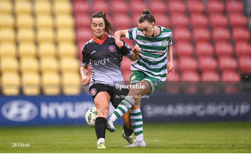 26 August 2023; Joy Ralph of Shamrock Rovers in action against Shauna Peare of Killester Donnycarney FC during the Sports Direct Women’s FAI Cup first round match between Shamrock Rovers and Killester Donnycarney at Tallaght Stadium in Dublin. Photo by Stephen McCarthy/Sportsfile