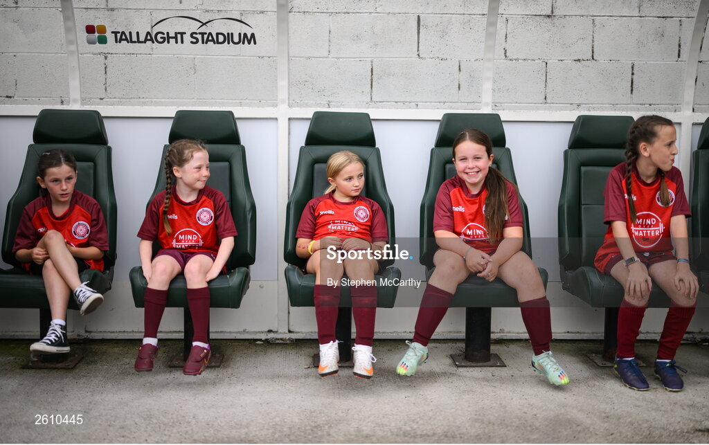 26 August 2023; Killester Donnycarney mascots before the Sports Direct Women’s FAI Cup first round match between Shamrock Rovers and Killester Donnycarney at Tallaght Stadium in Dublin. Photo by Stephen McCarthy/Sportsfile