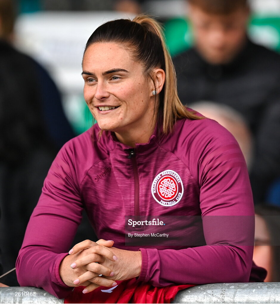 26 August 2023; Killester Donnycarney supporter Jemma Quinn during the Sports Direct Women’s FAI Cup first round match between Shamrock Rovers and Killester Donnycarney at Tallaght Stadium in Dublin. Photo by Stephen McCarthy/Sportsfile