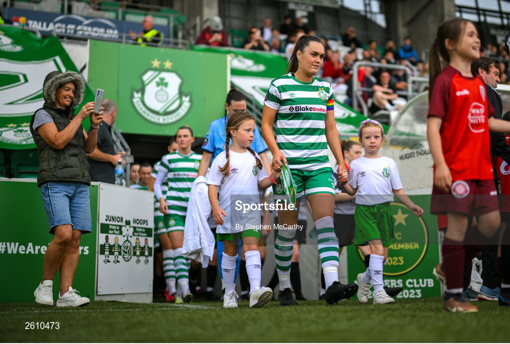 26 August 2023; Shamrock Rovers captain Jess Gargan leads her side out before the Sports Direct Women’s FAI Cup first round match between Shamrock Rovers and Killester Donnycarney at Tallaght Stadium in Dublin. Photo by Stephen McCarthy/Sportsfile