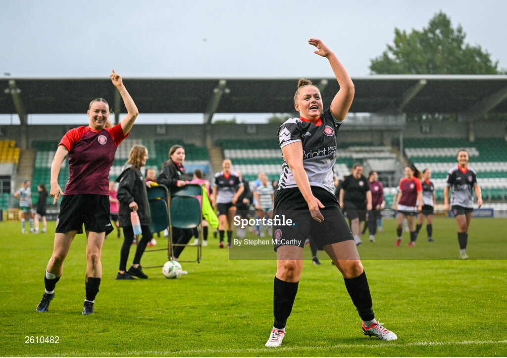 26 August 2023; Chloe Clark of Killester Donnycarney FC interacts with her side's supporters after the Sports Direct Women’s FAI Cup first round match between Shamrock Rovers and Killester Donnycarney at Tallaght Stadium in Dublin. Photo by Stephen McCarthy/Sportsfile