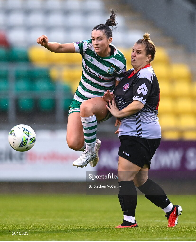 26 August 2023; Melissa O'Kane of Shamrock Rovers in action against Laura Chambers of Killester Donnycarney FC during the Sports Direct Women’s FAI Cup first round match between Shamrock Rovers and Killester Donnycarney at Tallaght Stadium in Dublin. Photo by Stephen McCarthy/Sportsfile