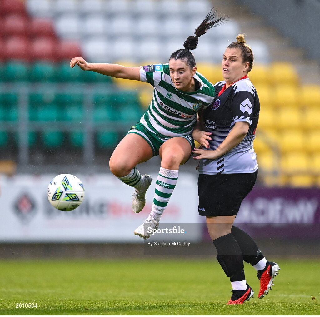 26 August 2023; Melissa O'Kane of Shamrock Rovers in action against Laura Chambers of Killester Donnycarney FC during the Sports Direct Women’s FAI Cup first round match between Shamrock Rovers and Killester Donnycarney at Tallaght Stadium in Dublin. Photo by Stephen McCarthy/Sportsfile