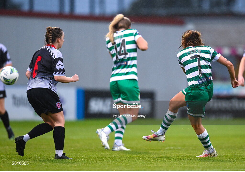 26 August 2023; Abbie Larkin of Shamrock Rovers scores her fourth and her side's eighth goal during the Sports Direct Women’s FAI Cup first round match between Shamrock Rovers and Killester Donnycarney at Tallaght Stadium in Dublin. Photo by Stephen McCarthy/Sportsfile