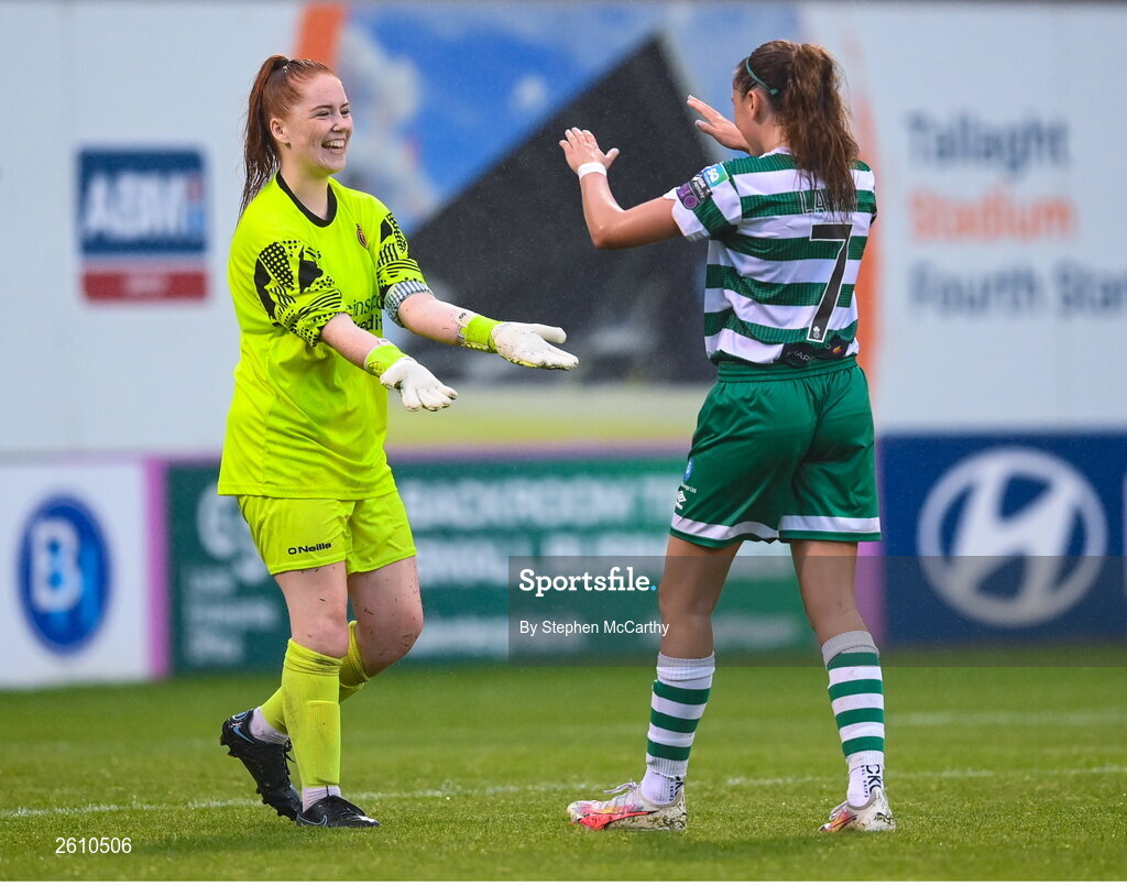 26 August 2023; Killester Donnycarney FC goalkeeper Shauna Whelan and Abbie Larkin of Shamrock Rovers after the Sports Direct Women’s FAI Cup first round match between Shamrock Rovers and Killester Donnycarney at Tallaght Stadium in Dublin. Photo by Stephen McCarthy/Sportsfile