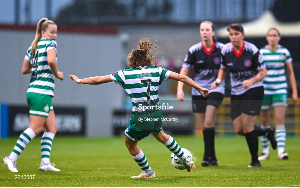 26 August 2023; Abbie Larkin of Shamrock Rovers scores her fourth and her side's eighth goal during the Sports Direct Women’s FAI Cup first round match between Shamrock Rovers and Killester Donnycarney at Tallaght Stadium in Dublin. Photo by Stephen McCarthy/Sportsfile