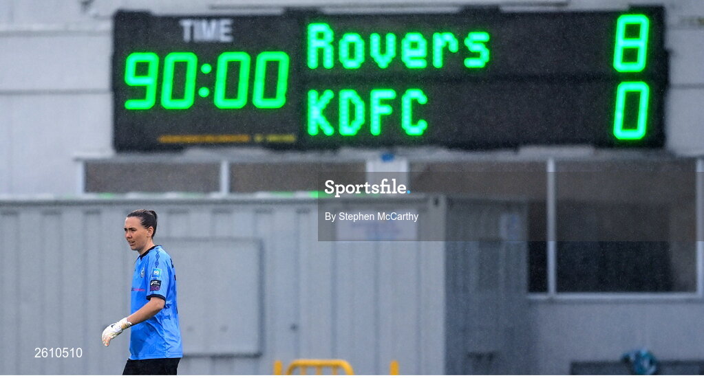 26 August 2023; Shamrock Rovers goalkeeper Amanda Budden during the closing stages of the Sports Direct Women’s FAI Cup first round match between Shamrock Rovers and Killester Donnycarney at Tallaght Stadium in Dublin. Photo by Stephen McCarthy/Sportsfile