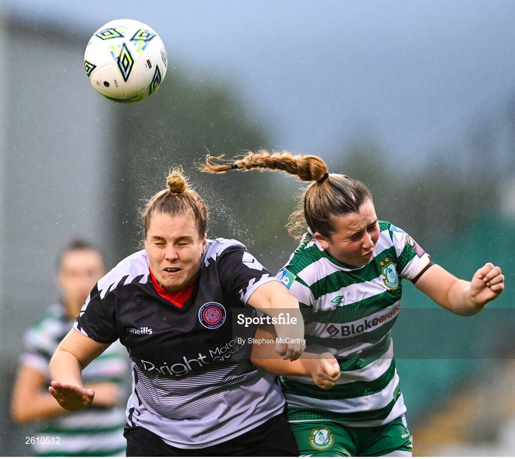 26 August 2023; Laura Chambers of Killester Donnycarney FC in action against Lia O'Leary of Shamrock Rovers during the Sports Direct Women’s FAI Cup first round match between Shamrock Rovers and Killester Donnycarney at Tallaght Stadium in Dublin. Photo by Stephen McCarthy/Sportsfile
