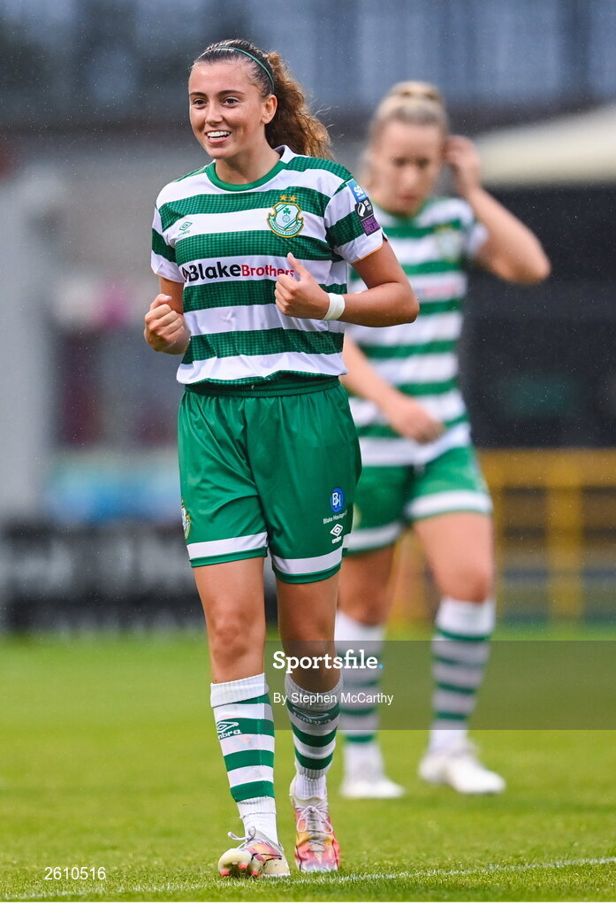26 August 2023; Abbie Larkin of Shamrock Rovers celebrates after scoring her fourth and her side's eighth goal during the Sports Direct Women’s FAI Cup first round match between Shamrock Rovers and Killester Donnycarney at Tallaght Stadium in Dublin. Photo by Stephen McCarthy/Sportsfile