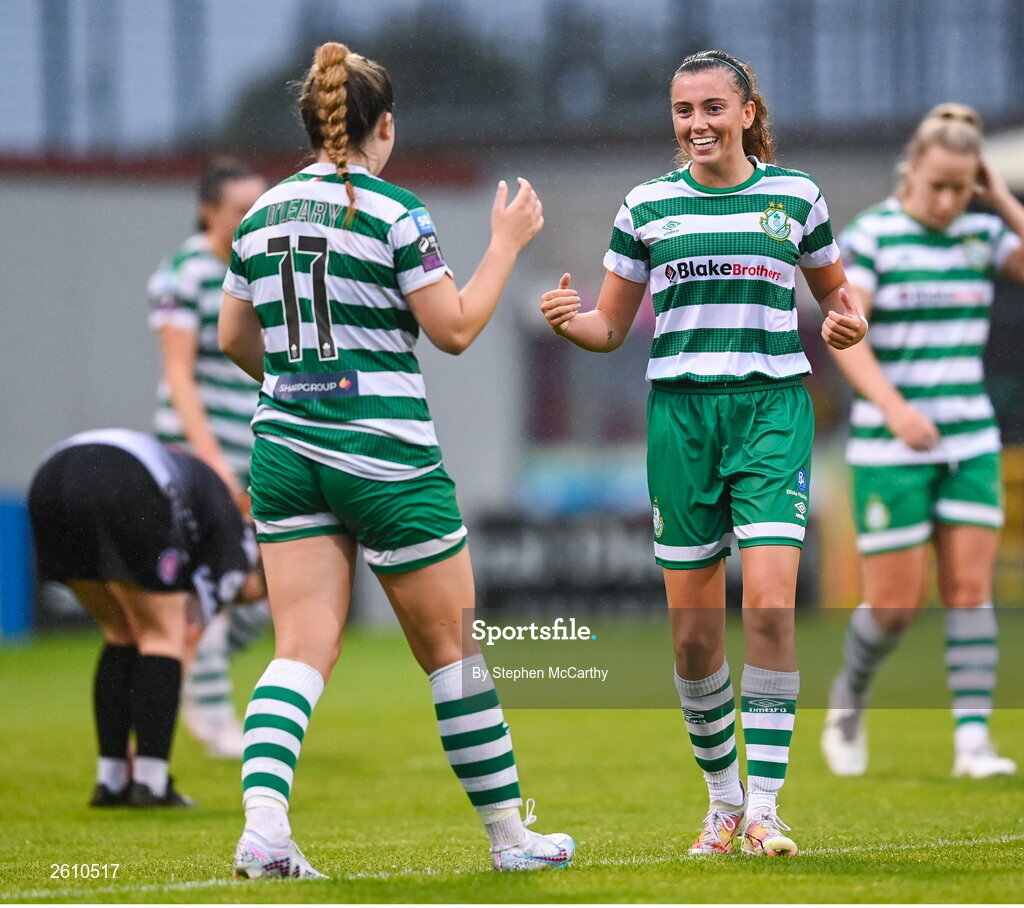 26 August 2023; Abbie Larkin of Shamrock Rovers celebrates with Lia O'Leary, left, after scoring her fourth and her side's eighth goal during the Sports Direct Women’s FAI Cup first round match between Shamrock Rovers and Killester Donnycarney at Tallaght Stadium in Dublin. Photo by Stephen McCarthy/Sportsfile