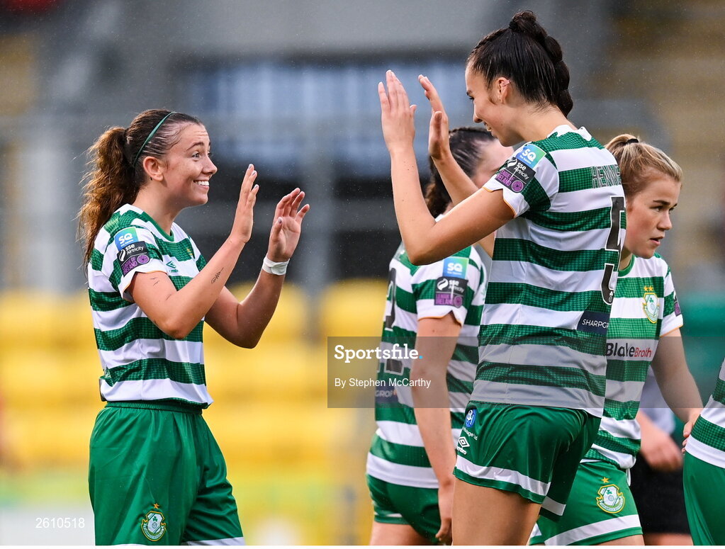 26 August 2023; Abbie Larkin of Shamrock Rovers, left, celebrates with Jessica Hennessy after scoring her fourth and her side's eighth goal during the Sports Direct Women’s FAI Cup first round match between Shamrock Rovers and Killester Donnycarney at Tallaght Stadium in Dublin. Photo by Stephen McCarthy/Sportsfile