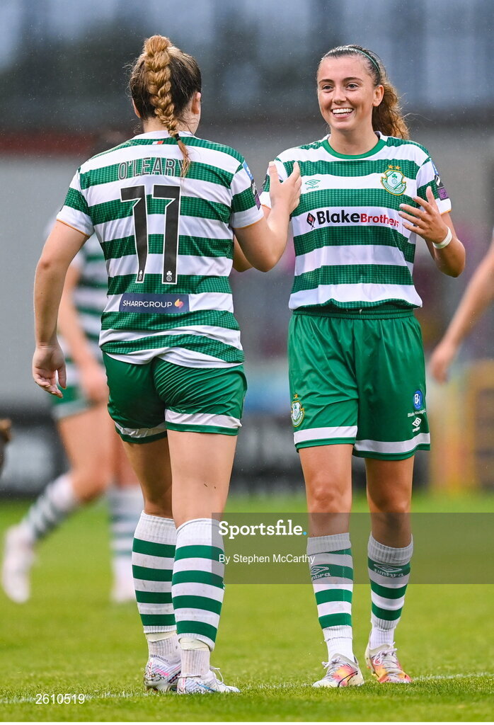 26 August 2023; Abbie Larkin of Shamrock Rovers celebrates with Lia O'Leary, left, after scoring her fourth and her side's eighth goal during the Sports Direct Women’s FAI Cup first round match between Shamrock Rovers and Killester Donnycarney at Tallaght Stadium in Dublin. Photo by Stephen McCarthy/Sportsfile